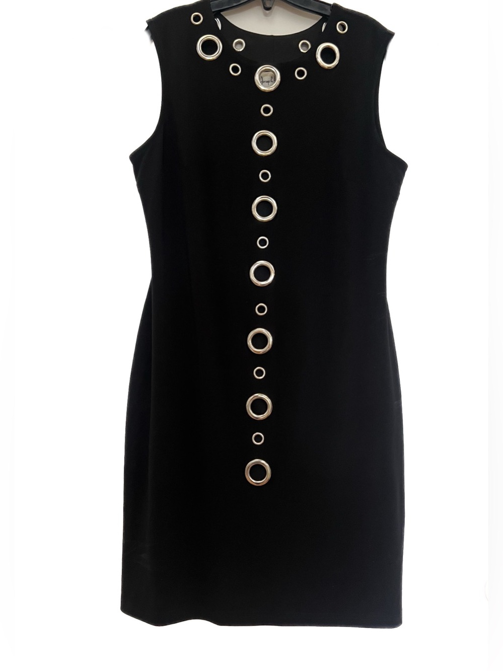 Joseph Ribkoff black midi dress with silver grommet accents. Size 12.